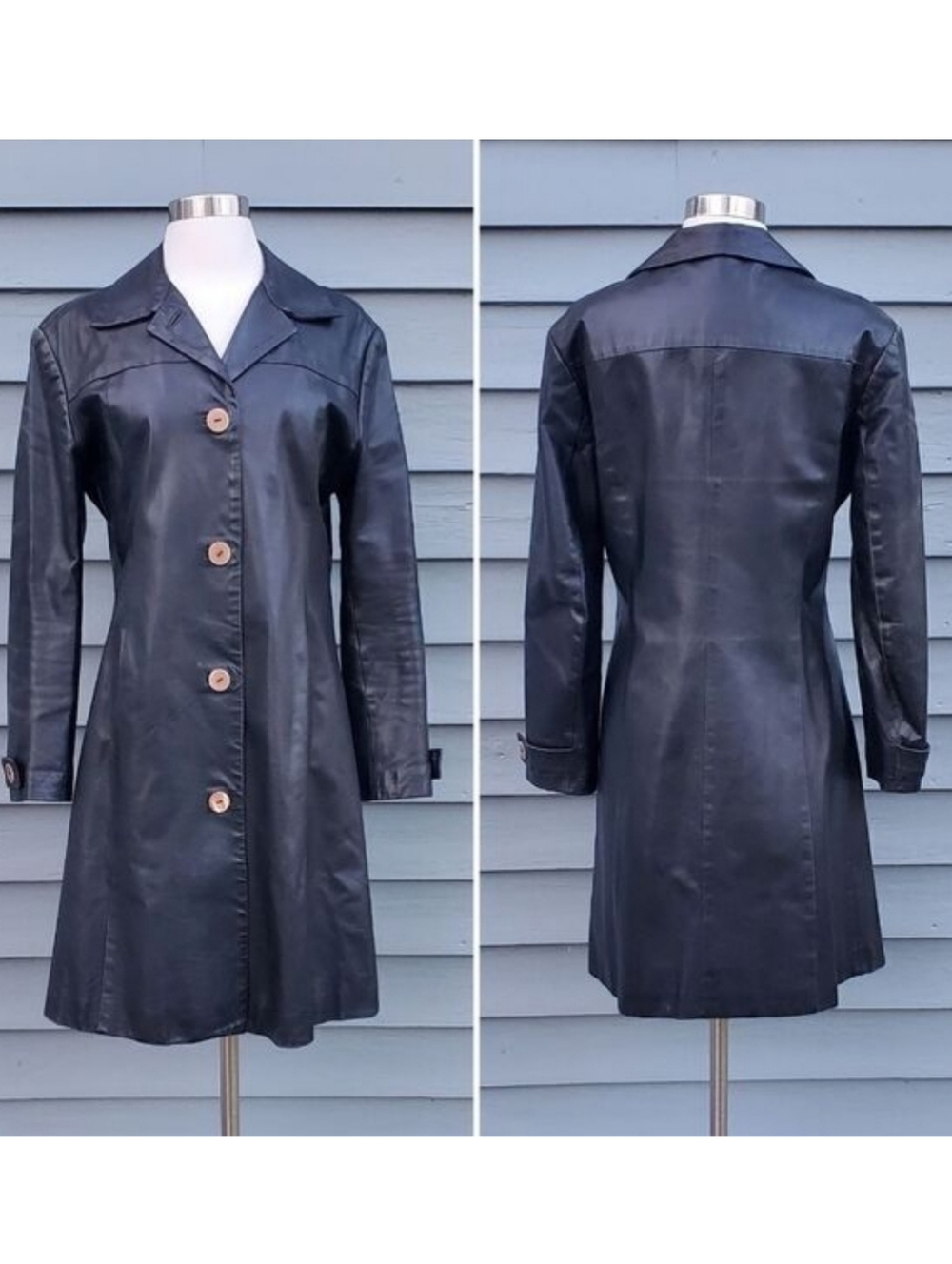 Vintage 90s y2k Bratz Black Leather Mod Boho Western Button Front Trench Coat Md